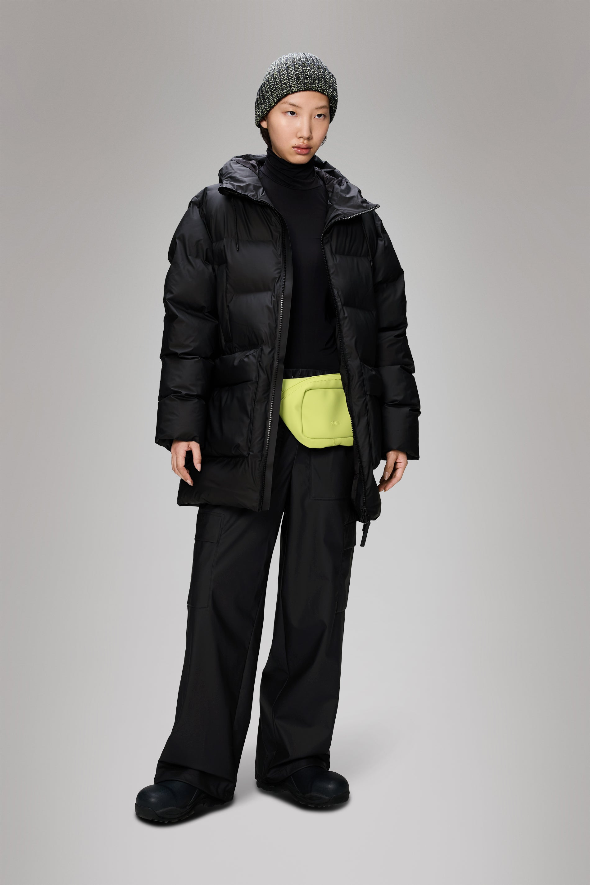 Rains Alta Long Puffer Cargo Jacket Black Jacket