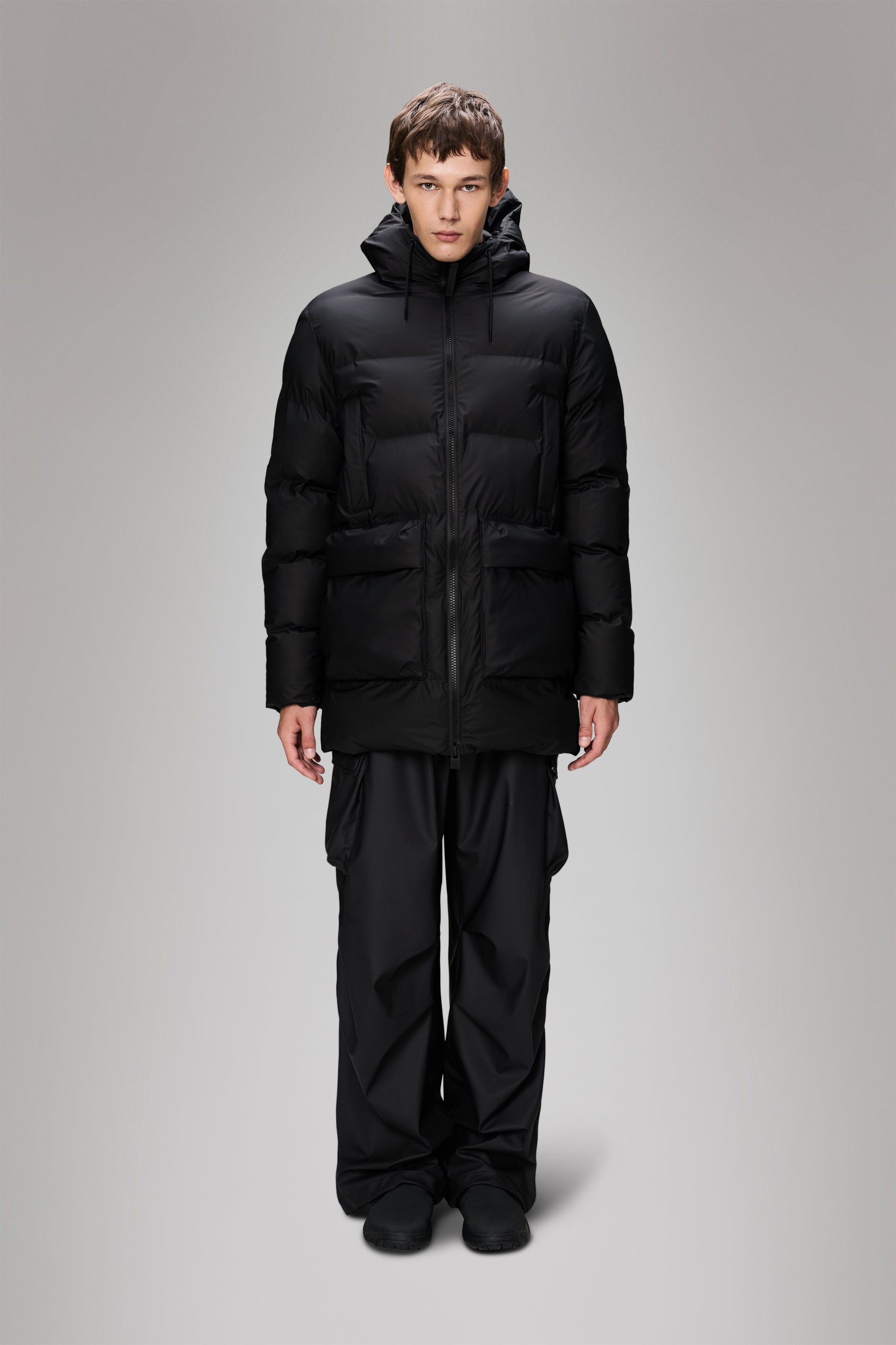 Rains Alta Long Puffer Cargo Jacket Black Jacket